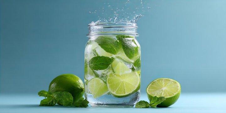 Ice cubes floating in a jar of lime mint refreshing dring with copy space