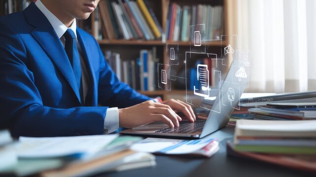 Businessman analyzing digital documents with cloud technology data flow - Powered by Adobe
