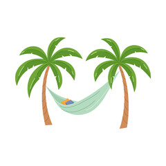 Hammock between two palm trees. Simple cartoon illustration