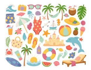 Set things for vacation on sea. A bright set including shells, swimsuits, a hat, a dolphin, palm trees, a chaise lounge and so on