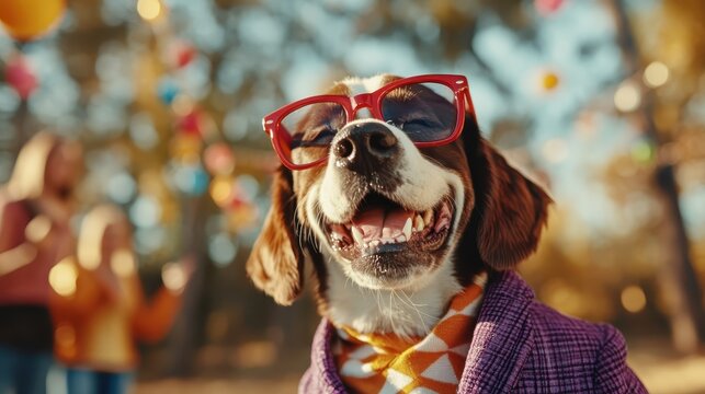 This charming dog with glasses smiles in a vibrant outdoor setting, radiating joy and playfulness, creating a delightful scene in nature with a festive atmosphere all around.