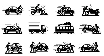 Fototapeta premium Black Stick Figure Illustrations Depicting Various Vehicle Accidents and Collisions