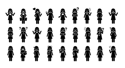 Black Stick Figure Woman Icons Expressing Various Emotions and Activities