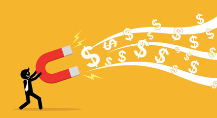 Businessman Attracts Dollar Symbols with a Red Magnet on Yellow Background