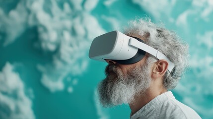 An elderly man immersed in virtual reality, wearing a VR headset. This image captures the intersection of technology and age, showing modern experiences for all generations.