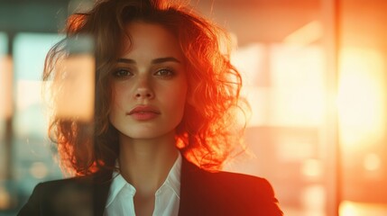 A striking portrait of a confident woman bathed in warm light, embodying strength and elegance, creating a captivating visual narrative of self-assuredness and beauty.