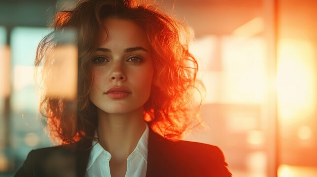 A striking portrait of a confident woman bathed in warm light, embodying strength and elegance, creating a captivating visual narrative of self-assuredness and beauty.
