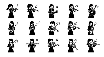 Obraz premium Collection of Diverse Female Musicians Playing String, Wind, and Percussion Instruments