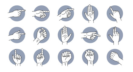 Collection of Fifteen Line Art Hand Gestures: Pointing, Counting, and Fisted Hands in Grey Circles