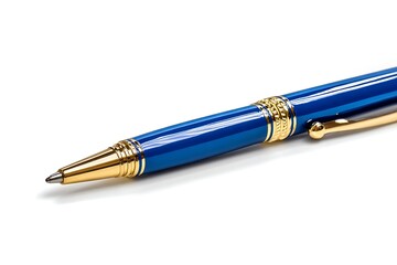 Closeup blue and gold ballpoint pen writing instrument office supply stationery tool for writing notes m