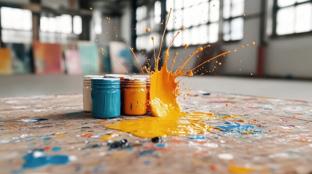 A vibrant orange paint splash bursts out from jars of blue, yellow, and orange paint, symbolizing creativity and energy in an artistic workspace filled with color.