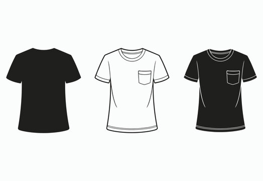 Three t shirt templates with pocket black white and outline