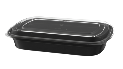 A black food storage container with a clear lid, designed for keeping meals fresh and organized.