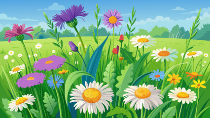Vibrant wildflowers in a sunny meadow landscape