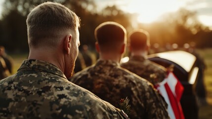 This poignant image captures military personnel standing solemnly at sunset near a coffin, evoking deep emotions of honor, loss, and remembrance for a fallen soldier.