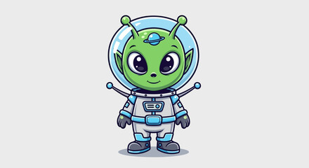 Cute Cartoon Alien in Spacesuit with Big Eyes and Smiling