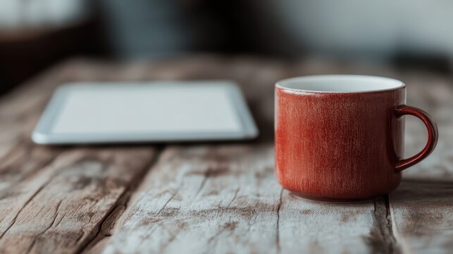 This cozy scene captures a rustic red cup placed on a weathered wooden table beside a sleek digital tablet, symbolizing the blend of tradition and modern technology in everyday life.