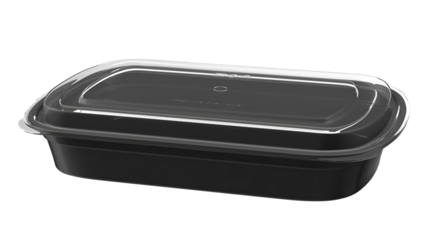 A black food storage container with a clear lid, designed for keeping meals fresh and organized.