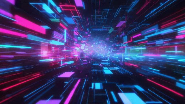 Neon Cyberpunk Hyper Tunnel Futuristic 3D Animation with Vibrant Glowing Blocks and Dynamic Movement