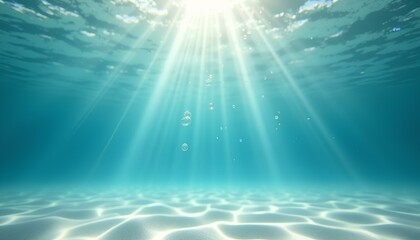Underwater view with sun rays beaming through turquoise ocean surface