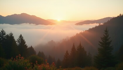 Misty pine forest in mountain valley glowing in soft golden sunrise light