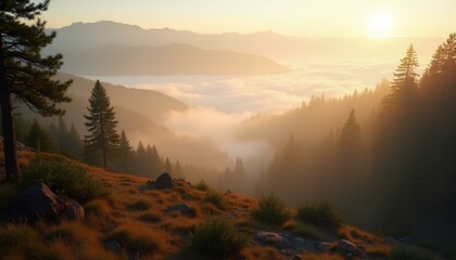 Misty pine forest in mountain valley glowing in soft golden sunrise light