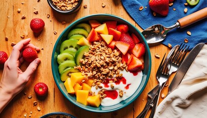 Colorful fruit and granola bowl with hand picking strawberry on wooden table
