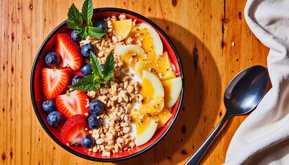 Colorful fruit and granola bowl with hand picking strawberry on wooden table