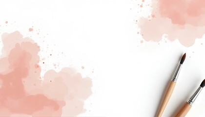 Paintbrushes and watercolor blotches around white background frame