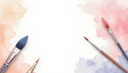 Paintbrushes and watercolor blotches around white background frame
