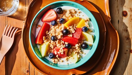 Colorful fruit and granola bowl with hand picking strawberry on wooden table