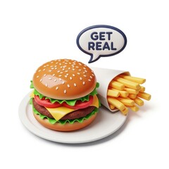 Cartoon burger and fries with get real text isolated on white background