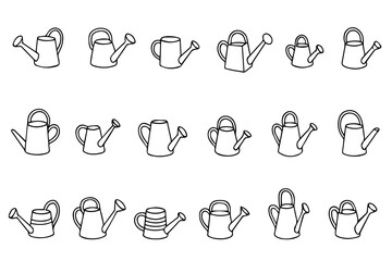 Set of watering cans in doodle style. Agriculture and green ecology concept. Hand drawn collection of watering cans. Isolated on white background.