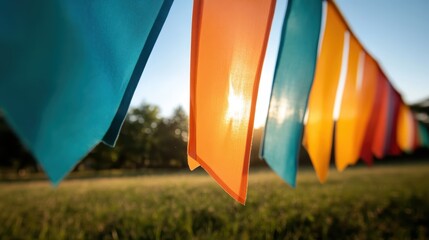 A delightful array of colorful ribbons sway gently, capturing the essence of celebration and joy, illuminated by soft sunlight against a backdrop of lush greenery.