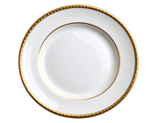  Top View of Round White Porcelain Plate with Thin Gold Rim, Isolated on Transparent Background