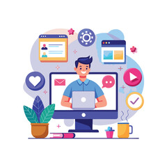 Freelancer Working On Laptop Illustration with Social Media Icons and Plant