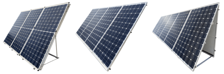 Three solar panels isolated on transparent background for renewable energy