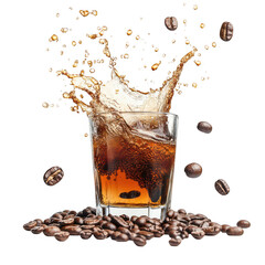 Coffee splash in glass with beans isolated on transparent background