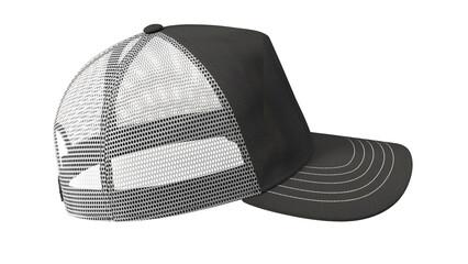 A black and white mesh-back cap, designed for casual wear and outdoor activities.