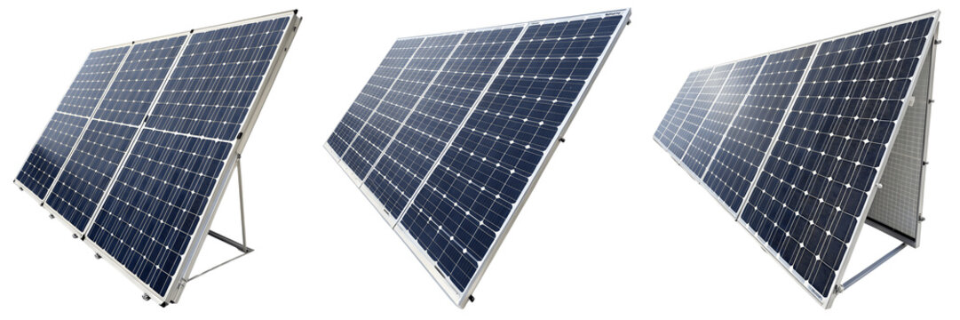 Three solar panels isolated on transparent background for renewable energy