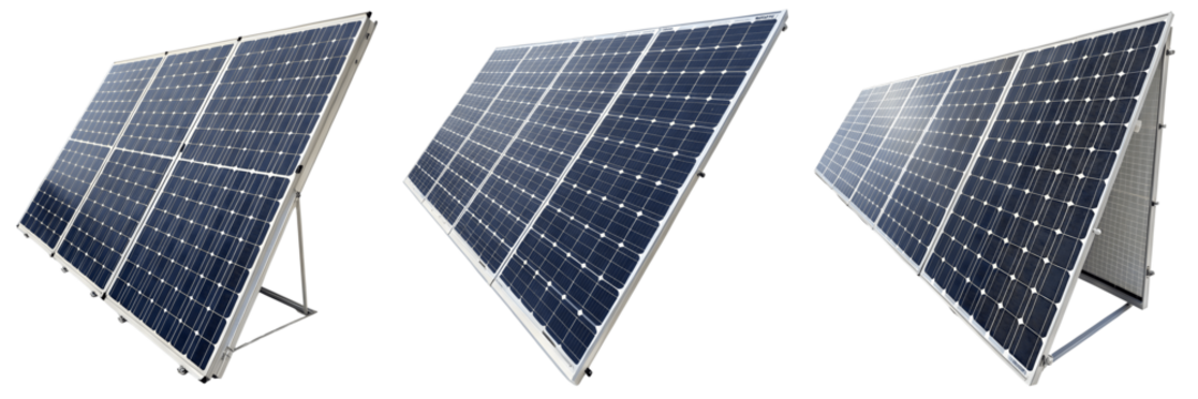 Three solar panels isolated on transparent background for renewable energy