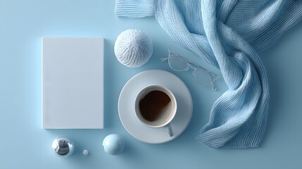 Cozy blue aesthetic flat lay with coffee book and scarf for winter reading