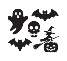 Editable Halloween Silhouettes Vector Set – Witch, Ghost, Bat, Skull, Pumpkin, Spider | Vector Illustration , Spooky Black Icons for Halloween Decor
