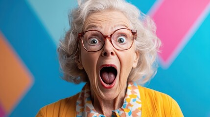 An elderly woman with silver hair expresses surprise and joy in a vibrant setting, embodying the essence of human emotion and the joy of living in colorful moments.
