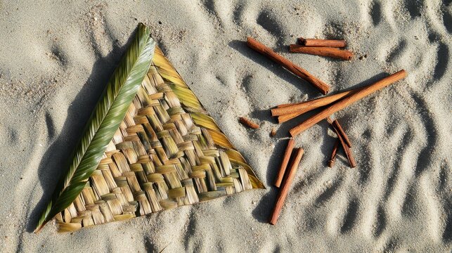 Natural Crafting Materials on Sandy Beach with Decorative Elements