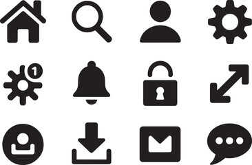 Ten Black Silhouette Icons Set Web App Interface Symbols Home Search User Gear Settings Notification Lock