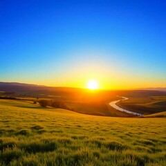 Serene Nature Landscape with Mountains, River, and Sunset Sky &ndash; Ideal Background for Design and Print, Generated AI