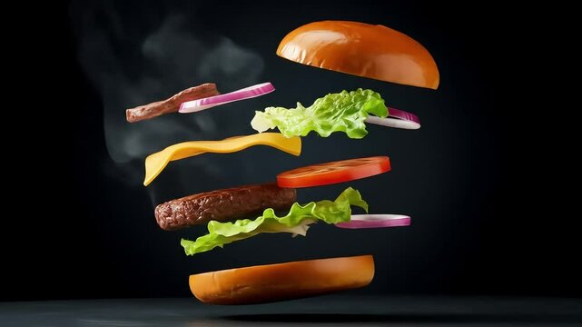 Exploded flying burger with fresh ingredients and dark background