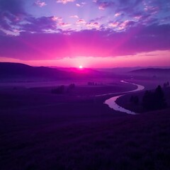 Serene Nature Landscape with Mountains, River, and Sunset Sky &ndash; Ideal Background for Design and Print, Generated AI