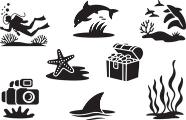 Eight Black Silhouette Icons Depicting Underwater Scenery Diver Dolphin Starfish Treasure Chest Shark Camera